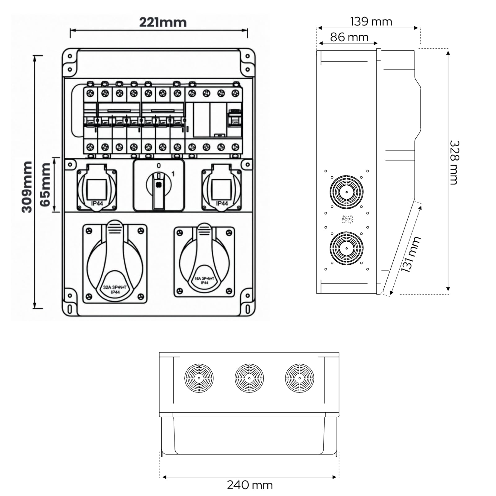 Lumiled Baustromverteiler mit Hauptschalter 0/1 32A, LS+FI, 1x CEE 32A 5-polig, 1x CEE 16A 5-polig, 2x Schuko 230V, Wandverteiler IP65 mit IP44 Steckdosen für Baustelle und Werkstatt