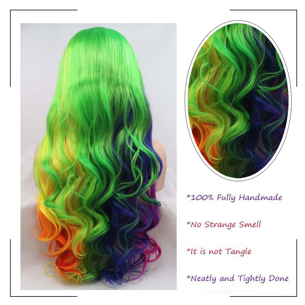 Regenbogen-Perücke für Damen, lang, gewellt, bunt, Regenbogen-Perücke, Orange, Gelb, Blau, Grün, Rosa, Lila, Rot, mehrfarbig, klebefrei, hitzebeständige Faser, Lace-Front-Perücke für Cosplay
