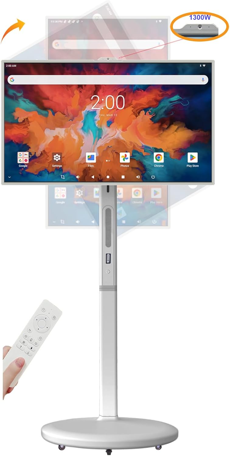 32" FHD Smart Portable TV, Portable TV on Wheels with Rotatable Touch Screen, 8GB + 128GB Storage, Android 13 OS, Rolling TV with Full Swivel Rotation, Voice Remote, Built-in 13MP Webcam