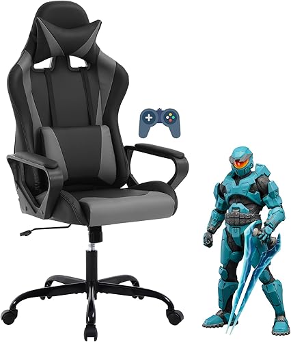 Miniatura 17 de Silla ergonómica para videojuegos, silla de oficina de piel sintética con respaldo alto y soporte lumbar ajustable y reposacabezas - Silla giratoria