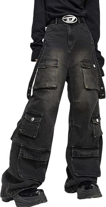 Y2K Jeans Gothic Multi Pocket Loose Wide Leg Workwear Long Pants Mens Hip-hop Camouflage Jeans