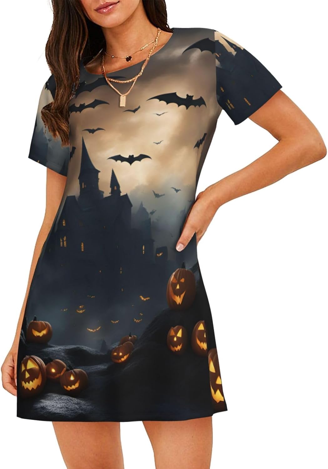 Halloween Flying Bats Print Women’s Short Nightgown,Knee-Length Sleepshirt For Summer,A-Shape Ladies Sleepwear