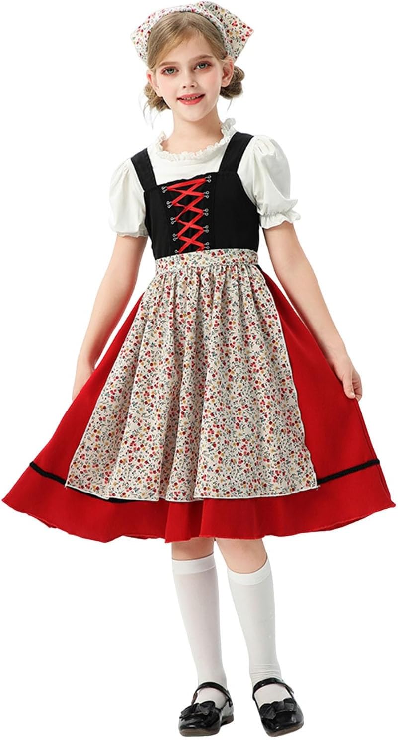 Girls Bavarian Dirndl Dress Oktoberfest Traditional Dirndl with Apron + Headscarf Oktoberfest Outfits A Line Maid Dress