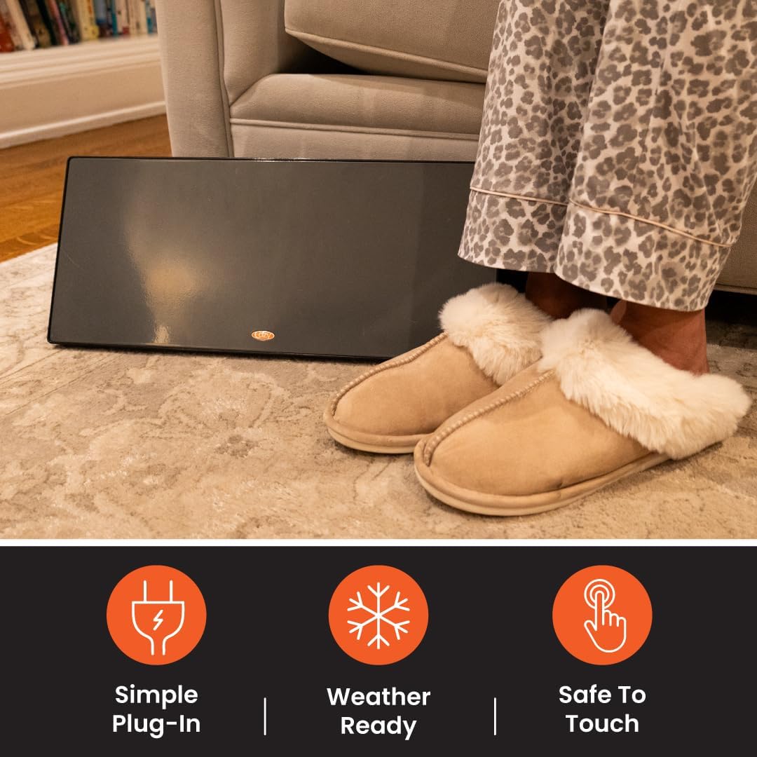 New and Improved Cozy Legs, Flat Panel Space Heater for Home and Office, Portable Heater with Built-in Thermostat, 200-watt, Energy-Efficient, 19" x 13" x 5/8", 5 lbs., Black