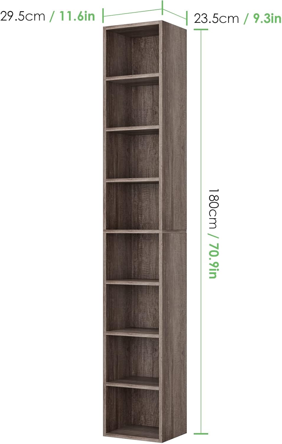 8-Tier Media Tower Rack, CD DVD Storage Organizer Cabinet with Adjustable Shelves, 11.6 x 9.3 x 70.9 Inches Slim Wood Look Bookshelf Display Bookcase for Home Office, Oak