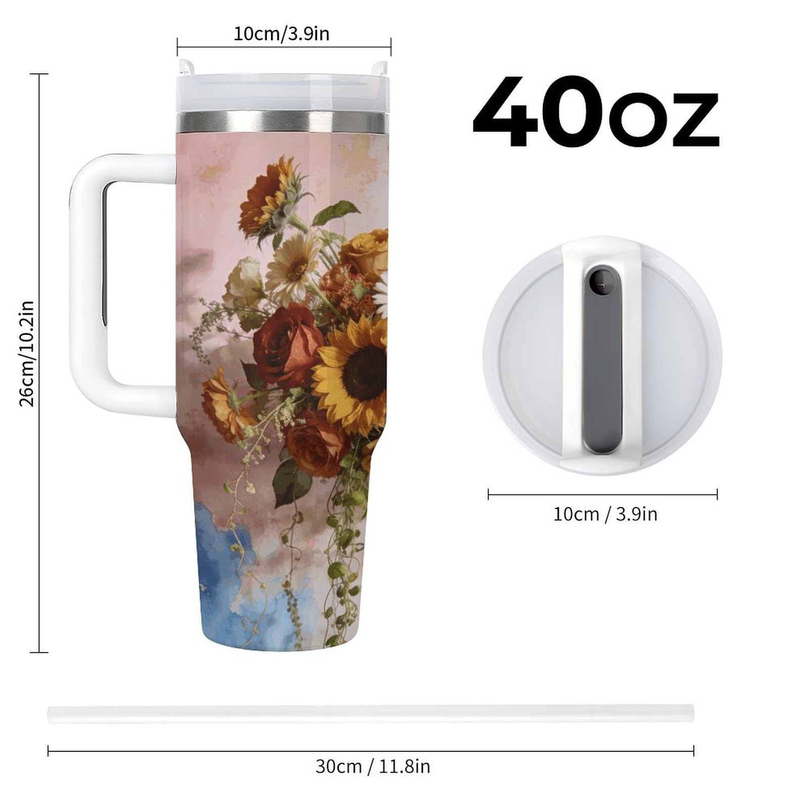 Vaso de café de viaje floral bohemio de acero inoxidable, taza de café con tapa y popote, taza con asa, gran capacidad, doble pared al vacío, taza térmica de café helado, 40 onzas