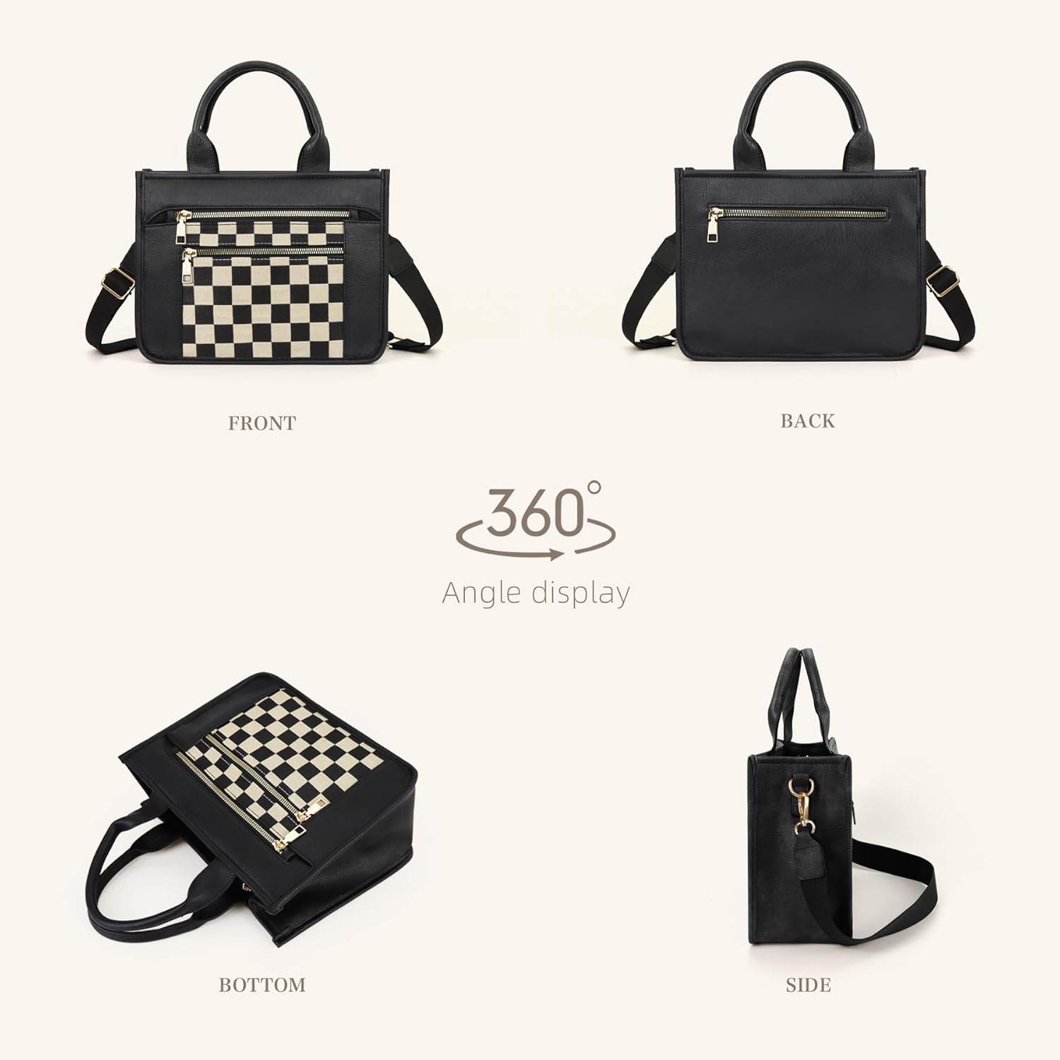 WJCD Women's Tote Handbags Stylish Vegan Leather Handheld Purse for Women Plaid Striped Adjustable Strap Durable Lightweight