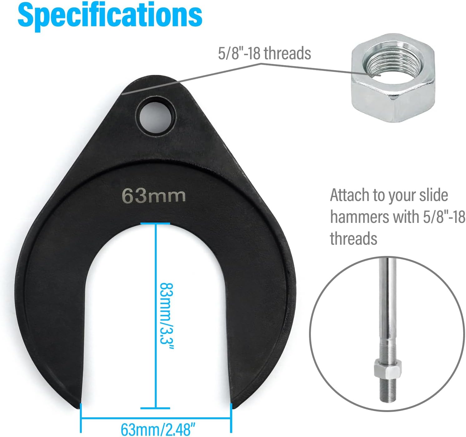 63mm Inner CV Axle Puller Removal Tool with Nut, Front Wheel Drive Axle Pulley Attachment, CV Joint Fork Adapter Fits Slide Hammers with 5/8"-18 Threads, CV Joint Axle Removing Tool