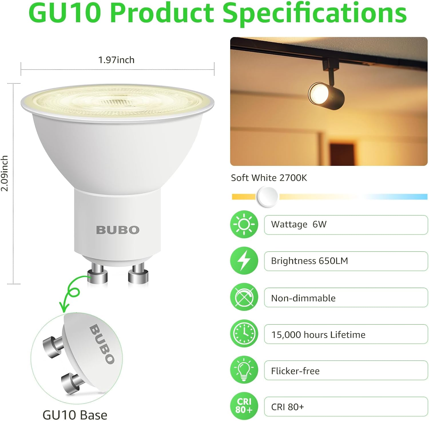 BUBO GU10 LED Bulb 6W Equivalent 50W, 2700K Soft White 650 Lumens, Non-Dimmable GU10 Bulb Replacement for Track Lighting, MR16 LED Bulb for Kitchen, Range Hood, Living Room, Bedroom, 10 Pack - Image 2
