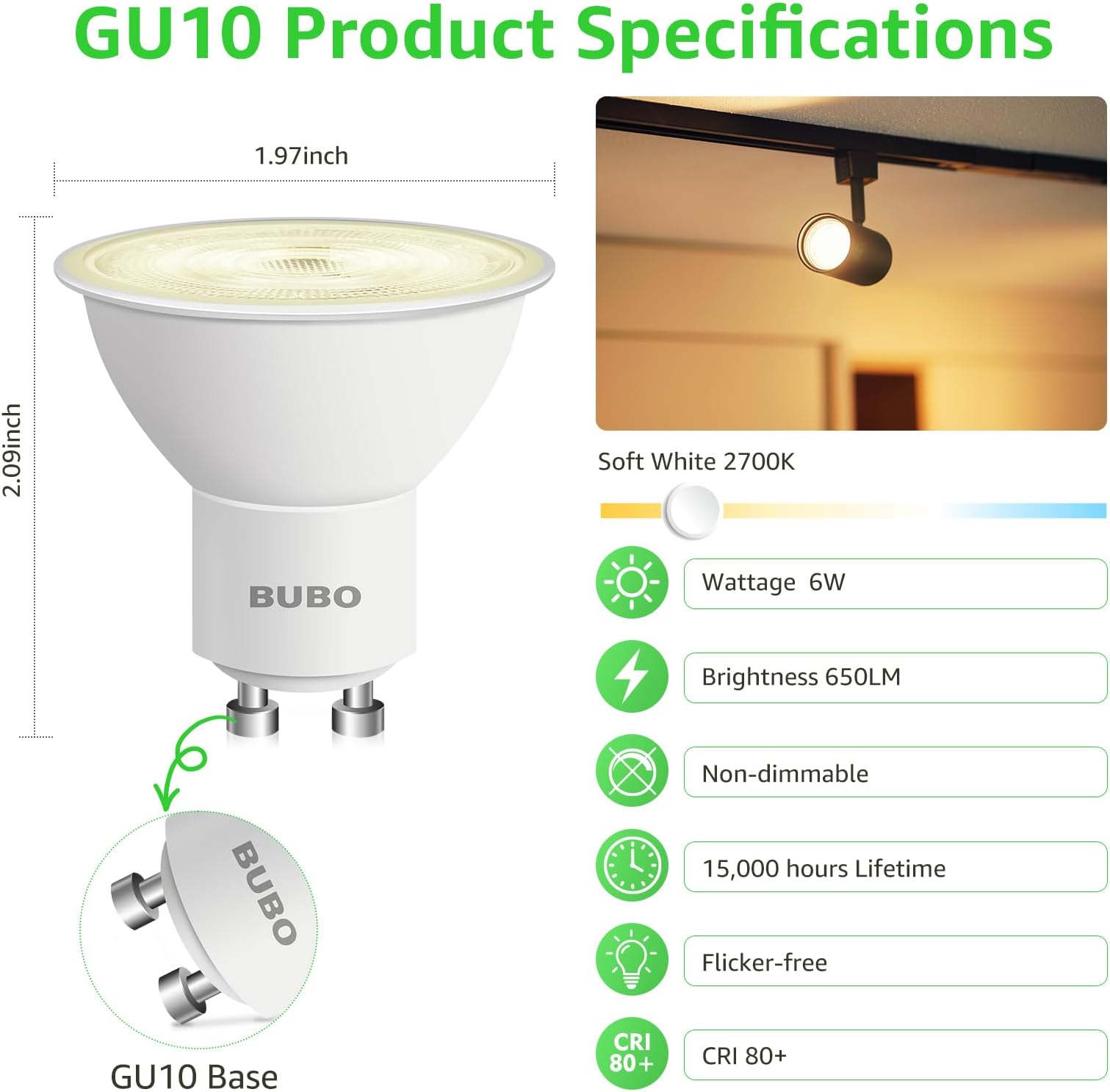BUBO GU10 LED Bulb 6W Equivalent 50W, 2700K Soft White 650 Lumens, Non-Dimmable GU10 Bulb Replacement for Track Lighting, MR16 LED Bulb for Kitchen, Range Hood, Living Room, Bedroom, 10 Pack