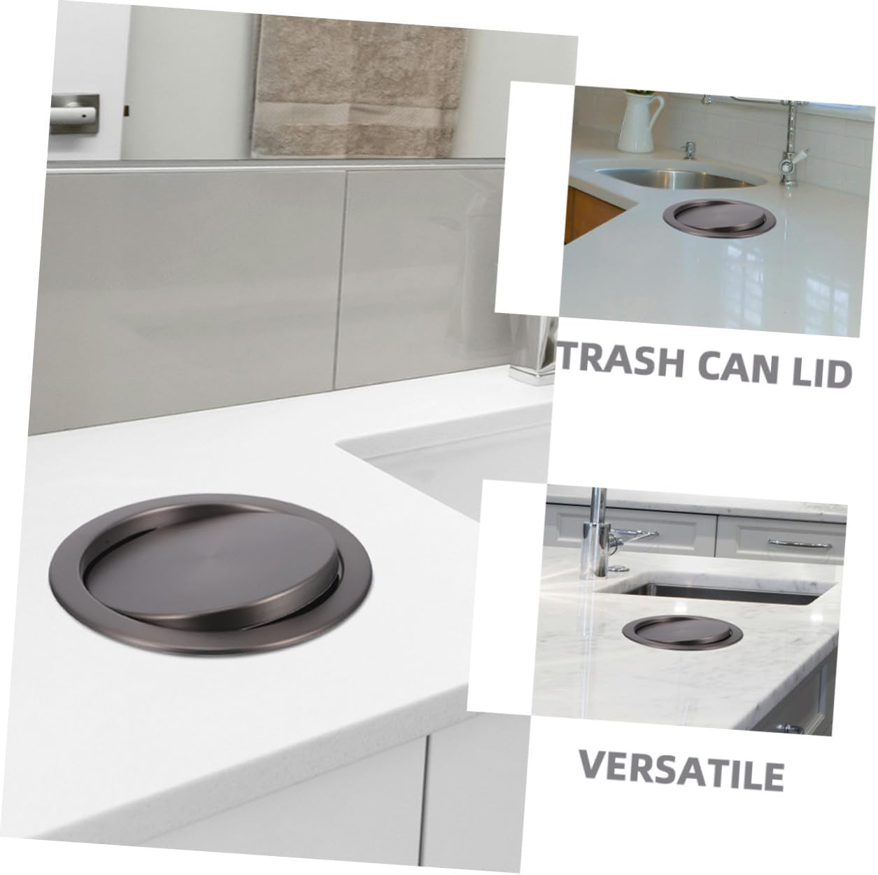 Recessed Trash Bin Cover Stainless Steel Flush Kitchen Trash Can Swing Flap Lid Countertop Built-in Waste Bin Lid for Home and Office Use, Gray
