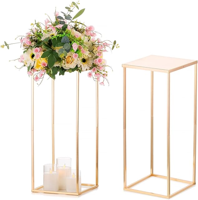 Sziqiqi 60cm Tall Vases Wedding Centerpieces for Table - 2 Pcs Metal Column Geometric Flower Stand Gold Flower Vase Display Rack Decorations for T-Stage Party Event Birthday Baby Shower Reception