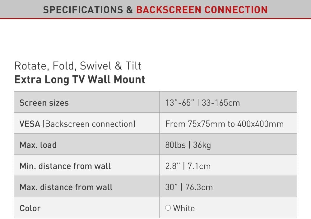 Barkan Long White TV Wall Mount, 13-65 inch Full Motion Articulating - 4 Movement Flat/Curved Screen Bracket, Holds up to 79lbs, Extremely Extendable, Fits LED OLED LCD (BM343XLW)