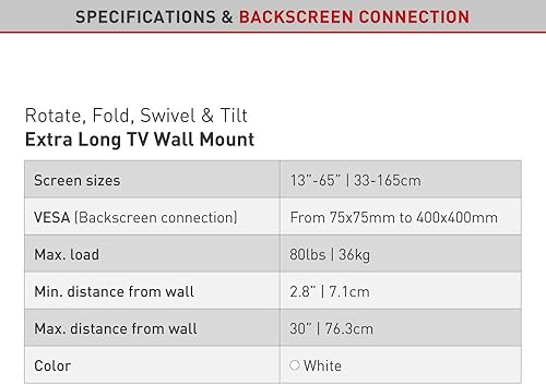 Miniatura 5 de Barkan Soporte de pared largo blanco para TV, articulado de movimiento completo de 13 a 65 pulgadas, soporte de pantalla planacurva, soporta hasta