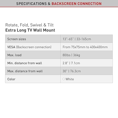 Miniatura 5 de Barkan Soporte de pared largo blanco para TV, articulado de movimiento completo de 13 a 65 pulgadas, soporte de pantalla plana/curva, soporta hasta