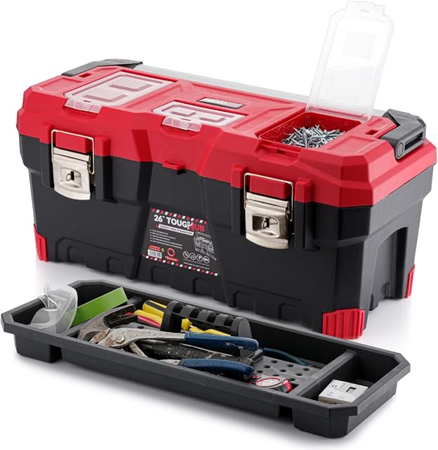 ToughHub Portable Tool Storage Box - Heavy Duty Lockable Toolbox - Tore Tray - Tool Organizer Compartment for Professionals (26" Fatbuilt Tool Box)