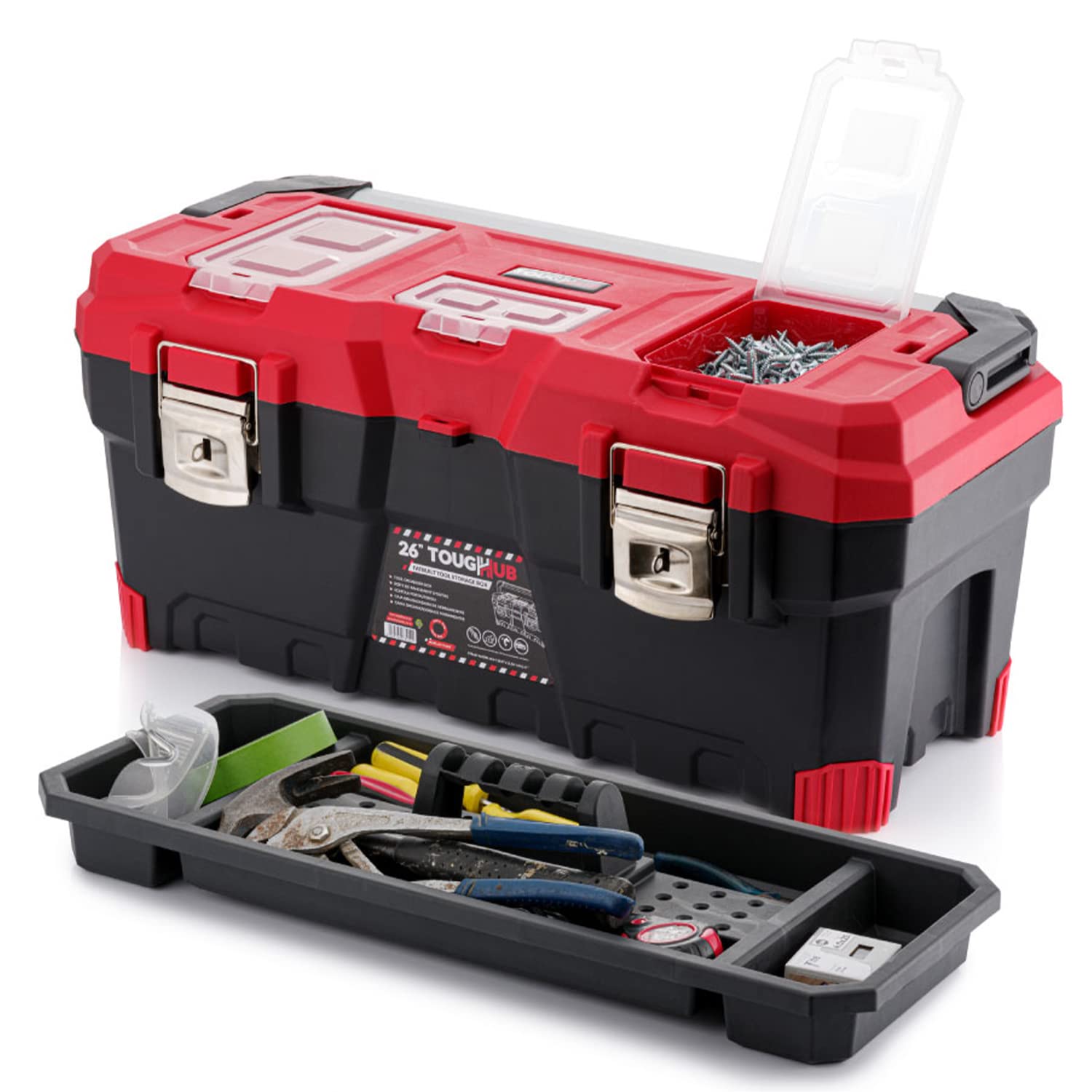 ToughHub Portable Tool Storage Box - Heavy Duty Lockable Toolbox - Tore Tray - Tool Organizer Compartment for Professionals (26" Fatbuilt Tool Box)