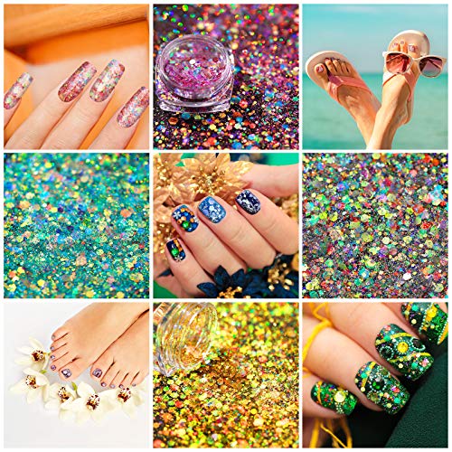 24 Boxes Holographic Nail Art Sequins Sets Glitter Mermaid Powder Nail Art Decorations 3D Flakes Shiny Powder Dust Iridescent Manicure Tips Charms For Face Eyes Body Hair Nail Art (Chic Pattern) #TOP4