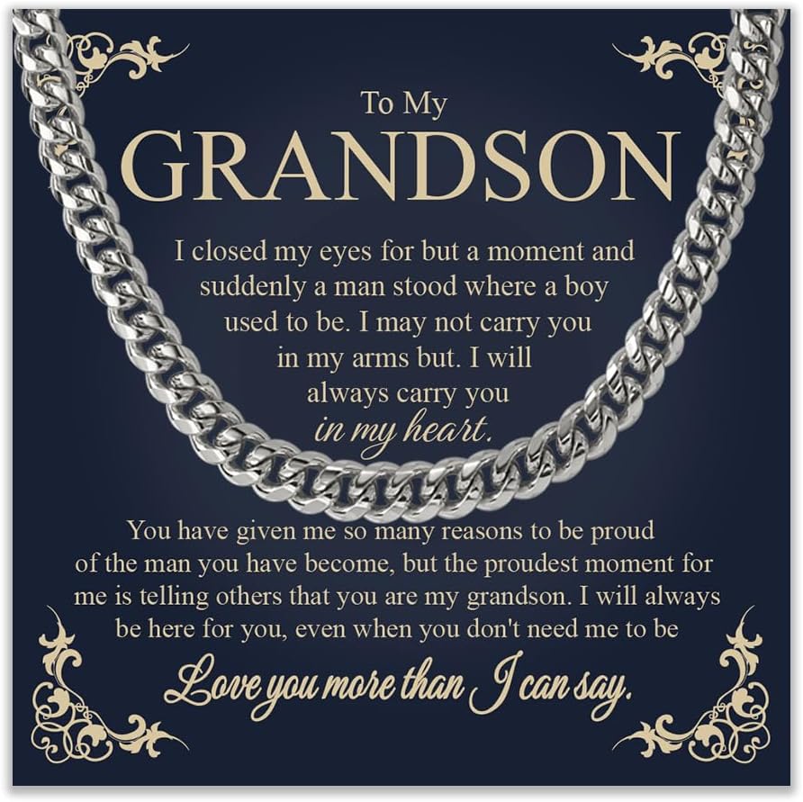 To My Grandson Cuban Chain Necklace - Gift From Grandparents, Grandma and Grandpa for Birthday, Christmas - Cards for Men