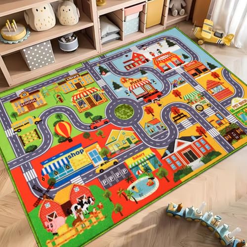 DINSUMRUG Tapis de jeu pour enfants, tapis de jeu pour voiture, tapis de jeu extra antidérapant, tapis de route de la circulation pour enfants, tapis de...