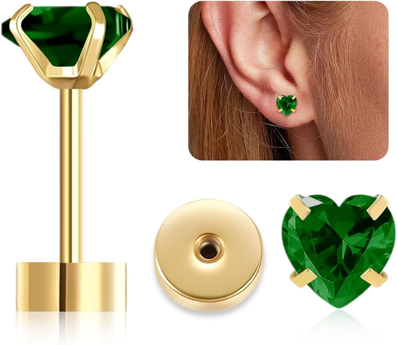 Heart Flat Back Stud Earrings for Women Girls, 5mm Birthstone Stud Earrings Hypoallergenic Stainless Steel Cartilage Earrings Brilliant Handmade Screw Back Earrings