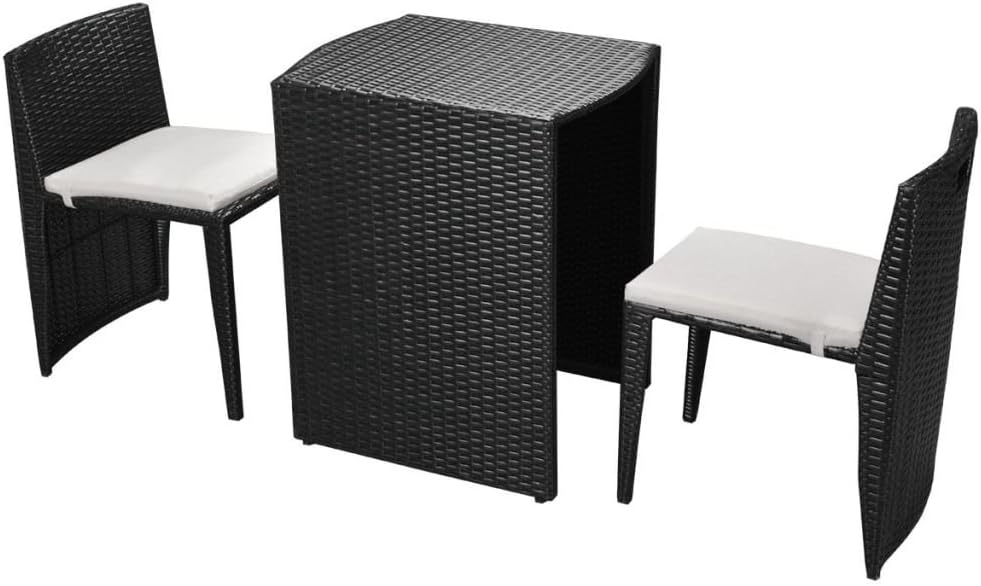 vidaXL Patio Dining Set 3 Piece, Patio Furniture Set, Outdoor Table Set with Glass Tabletop, Rattan Chair with Cushions for Garden, Poly Rattan Black