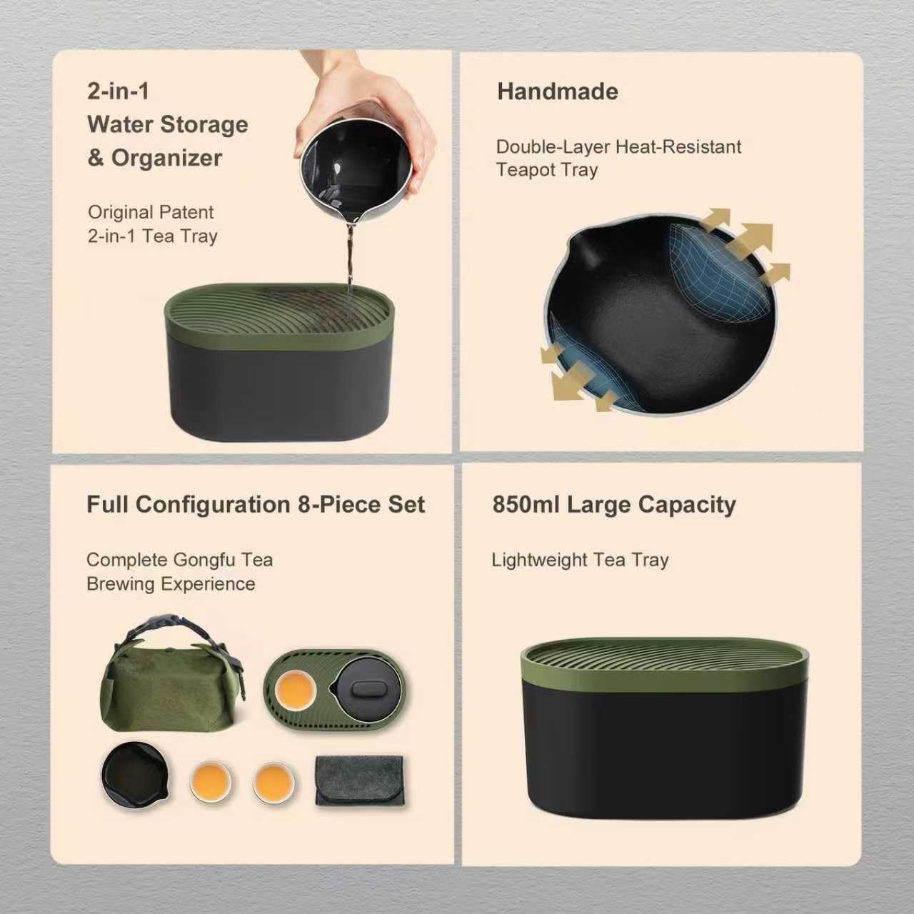 PERTOUCH-T1 Portable Gongfu Tea Set Asian Style Travel Tea Set Double-Wall Insulated Ceramic Kit with Teapot, Fair Cup, 3 Tea Bowls, Tea Tray & Waterproof Travel Bag for Outdoor, Car, Home, Office