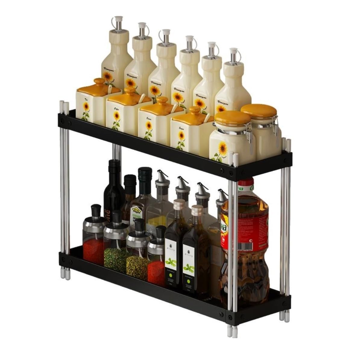 YNIYUJKL Spice Rack Spice Organizer Spice Shelf 2-Tier Spice Rack Stainless Steel Spice Organizer Countertop Storage Kitchen Shelf Holder For Jars Bottle Seasoning Organizer Spice