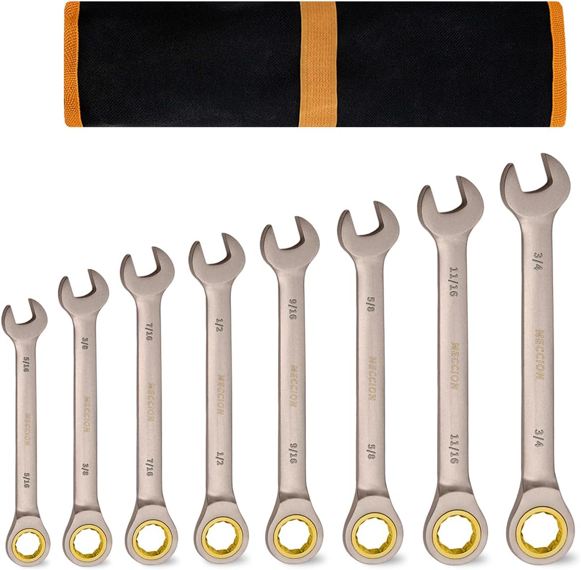 Meccion Combination Wrench Set 5/16,3/8,7/16,1/2,9/16,5/8,11/16,3/4 Inch SAE Open End Ratcheting Wrench - Industrial Grade Gear Spanner with Grey Nickle Plated