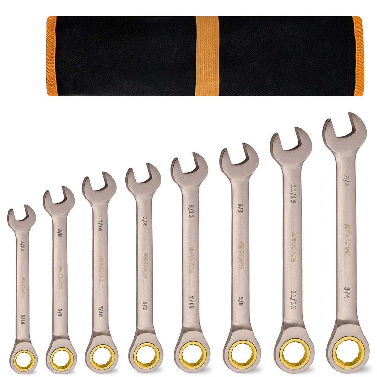 Meccion Combination Wrench Set 5/16,3/8,7/16,1/2,9/16,5/8,11/16,3/4 Inch SAE Open End Ratcheting Wrench - Industrial Grade Gear Spanner with Grey Nickle Plated