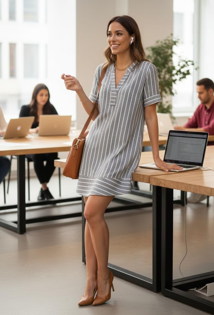 Summer Dresses for Women Casual Short Sleeve V Neck Sundresses Striped Printed Short Dress with Pocket - Image 2