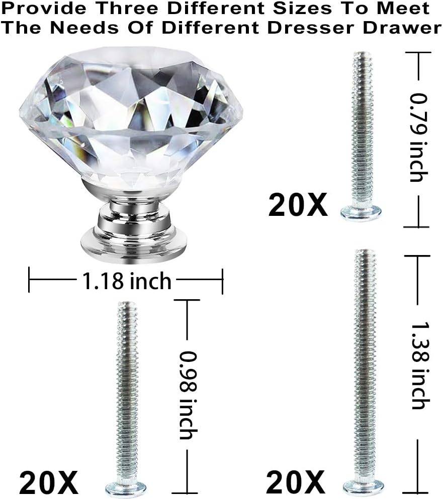 NORTHERN BROTHERS 20 Pack 30mm Crystal Cabinet Knobs, Diamond Glass Drawer Knobs with 3 Screw Sizes, for Dresser, Kitchen & Bathroom, Silver