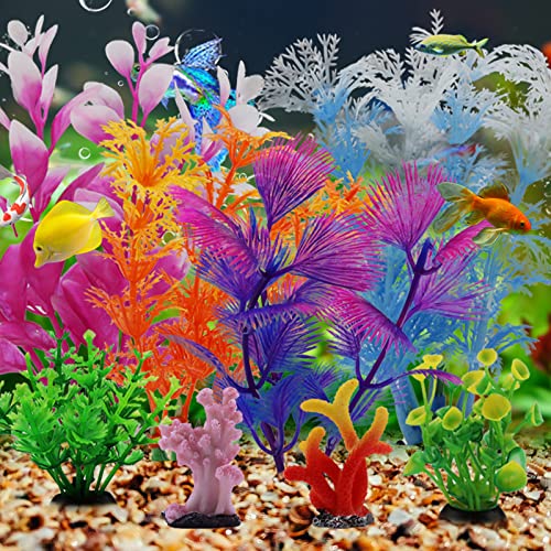 Pietypet Fish Tank Decorations Plants With Resin Coral, 8 Pcs Aquarium Decorations Small Plants Plastic, Fish Tank Accessories, Aquarium Decor #TOP5