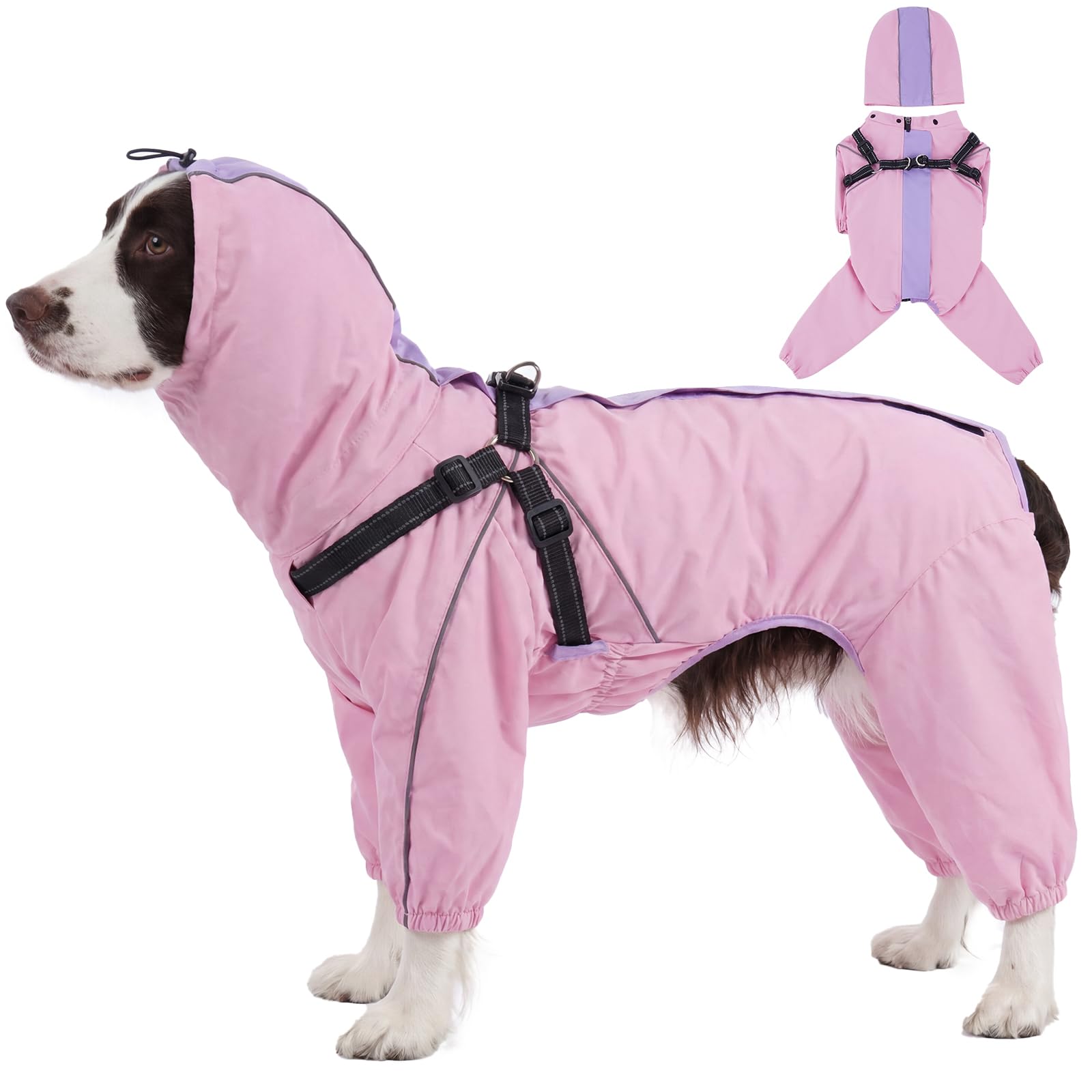 Lelepet Dog Waterproof Jacket, Raincoat for Large Dogs, Reflective Windproof Dog Coat with Harness Built-In, Lightweight Pet Rain Jacket Safety Snow-proof Vest, Pink XL