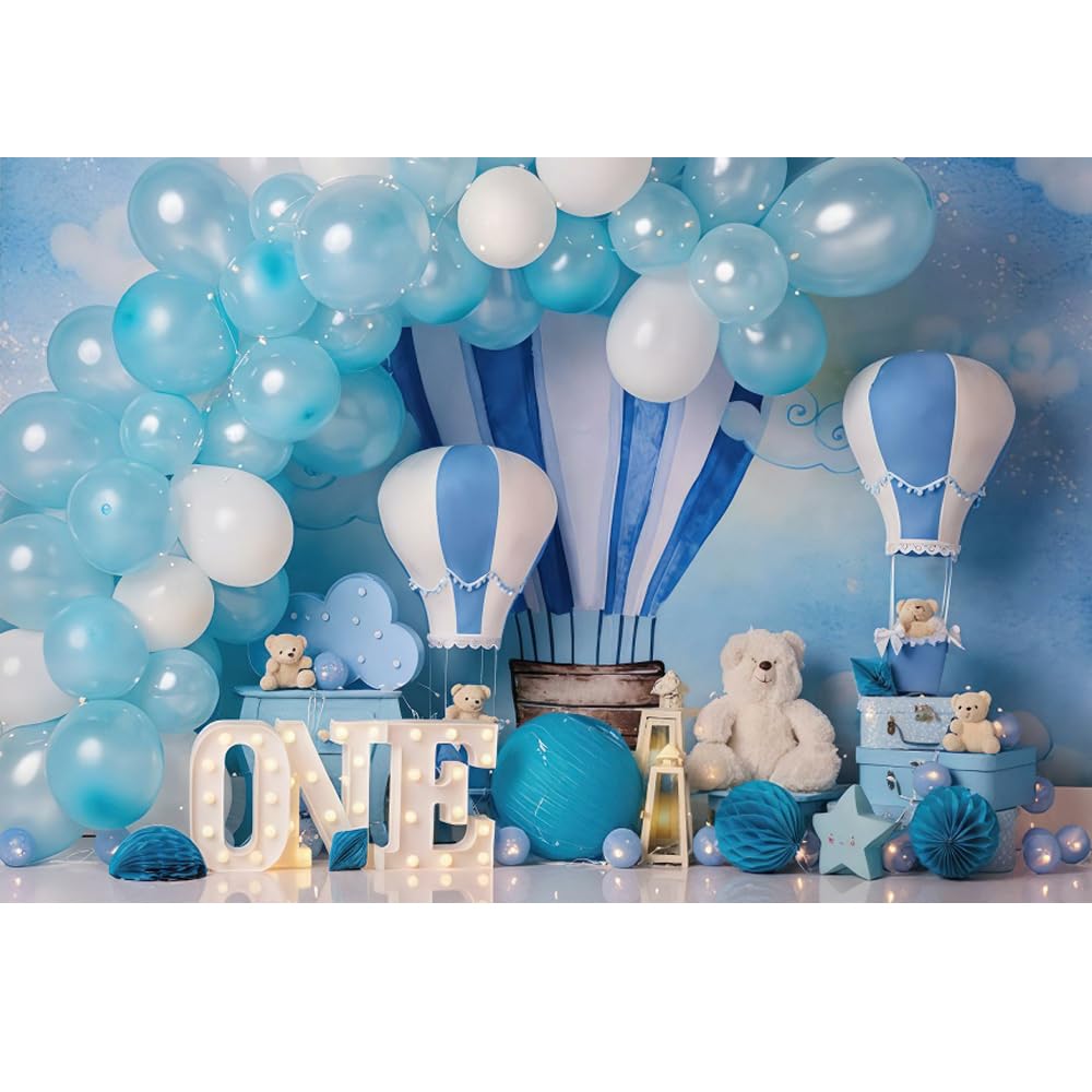 Baby Boy First Birthday Backdrop Blue One Year Old Decorations for Photoshoot Blue Balloon Little Bear Wild One Theme 1st Birthday Cake Smash Backdrop