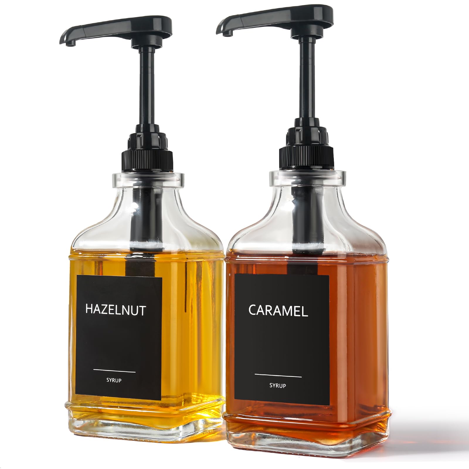 GMISUN Coffee Syrup Dispenser, 16.9 fl oz Syrup Pump Dispenser for Coffee Bar Accessories, Square Glass Syrup Bottle for Coffee Bar Essentials, Simple Maple Syrup Bottles with ¼oz Large Capacity Pump