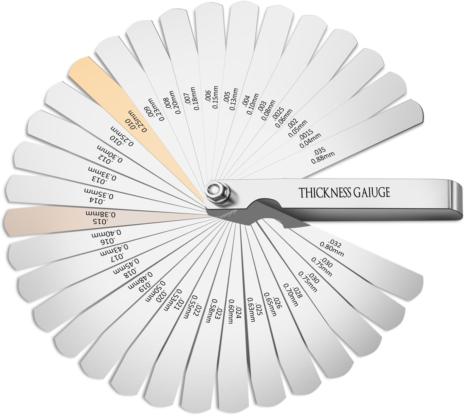 Feeler Gauge Set Stainless Steel Thickness Gauge 32 Blades 0.04-0.88 mm (0.0015-0.035 Inch) Dual Marked Metric and Imperial Measuring Tools for Measuring Gap Widths and Thicknesses