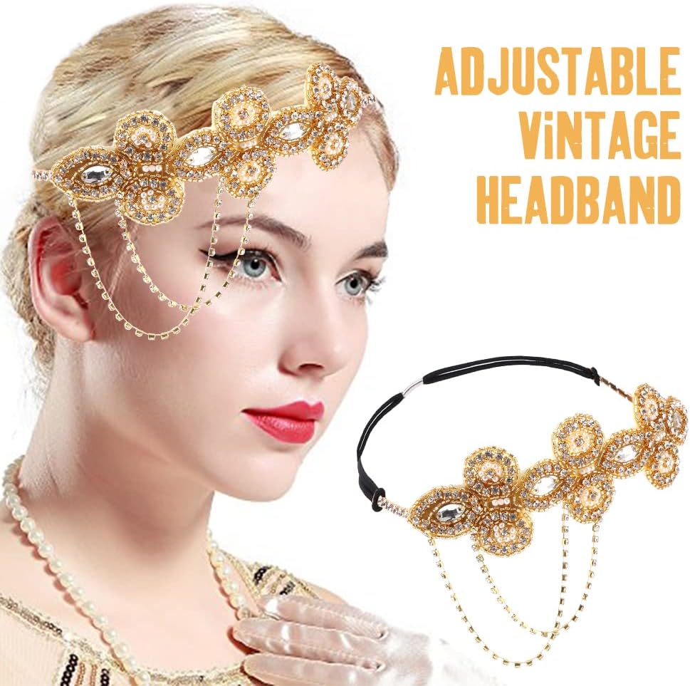 1920s Flapper 20s Gatsby Costume Accessories Set for Women Include Headband Pearl Necklace Earrings Gloves Folding Fan for Women Gatsby Party Champagne - Image 2