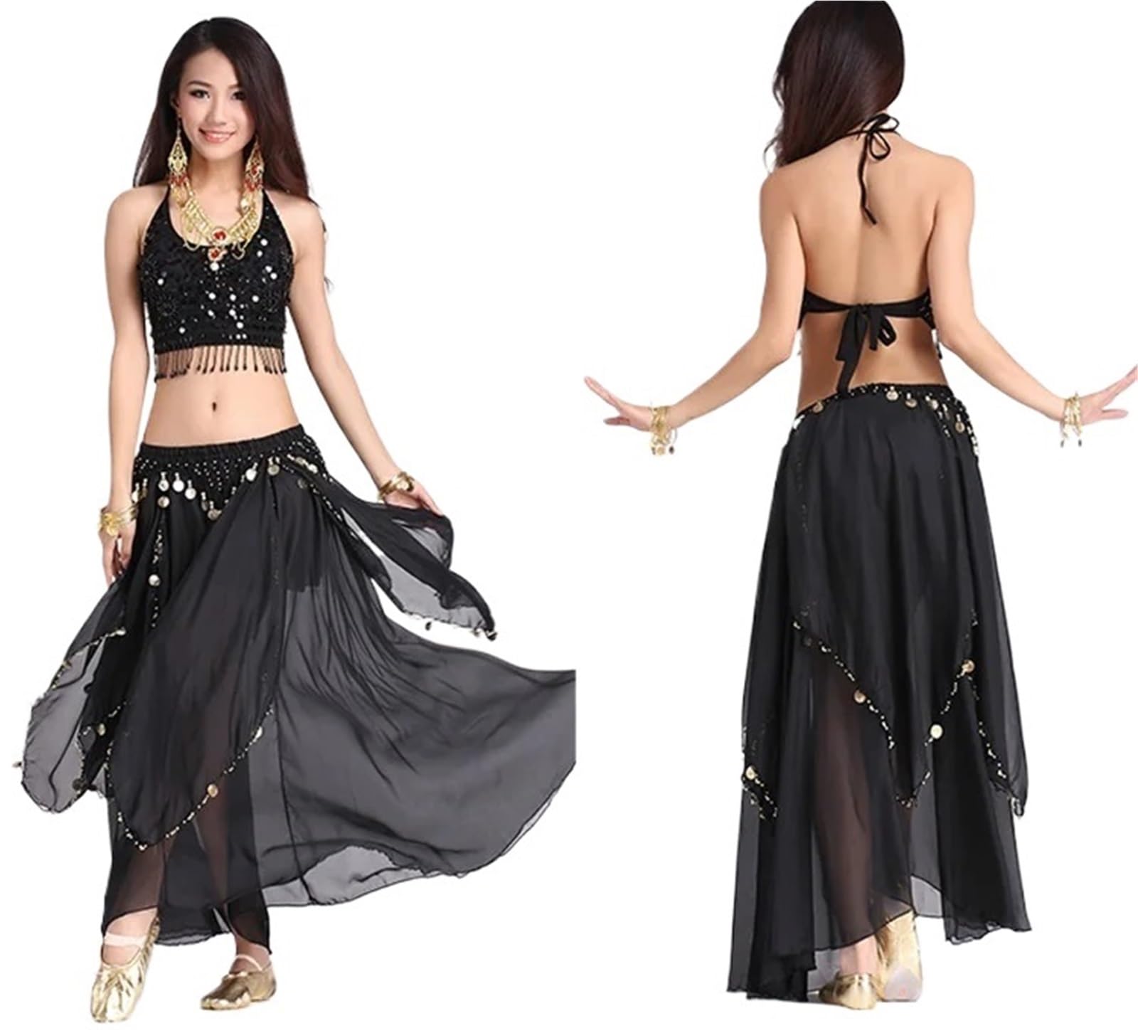 TRRYUIP Belly Dance Skirt Adult Stage Costumes Woman Bellydance Belly Dancing Suit 2pcs Set Women Dance(Black)