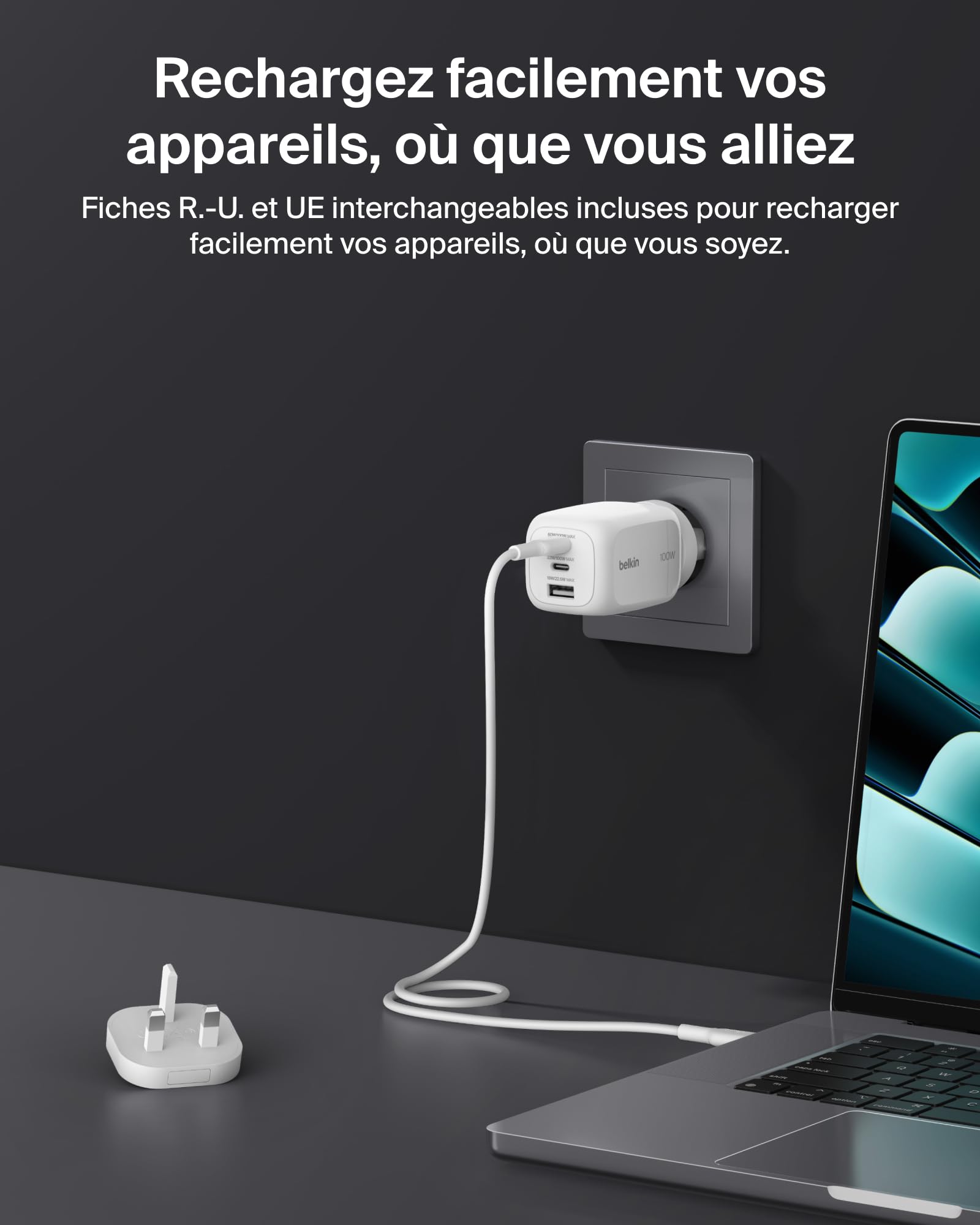 Belkin Chargeur Secteur GaN 3 Ports USB-C 100 W, 2 Ports USB-C et 1 Port USB-A, Fiches électriques UE/R.-U. / É.-U., pour MacBook, iPhone, iPad Pro, Samsung Galaxy, Google Pixel, etc - Blanc
