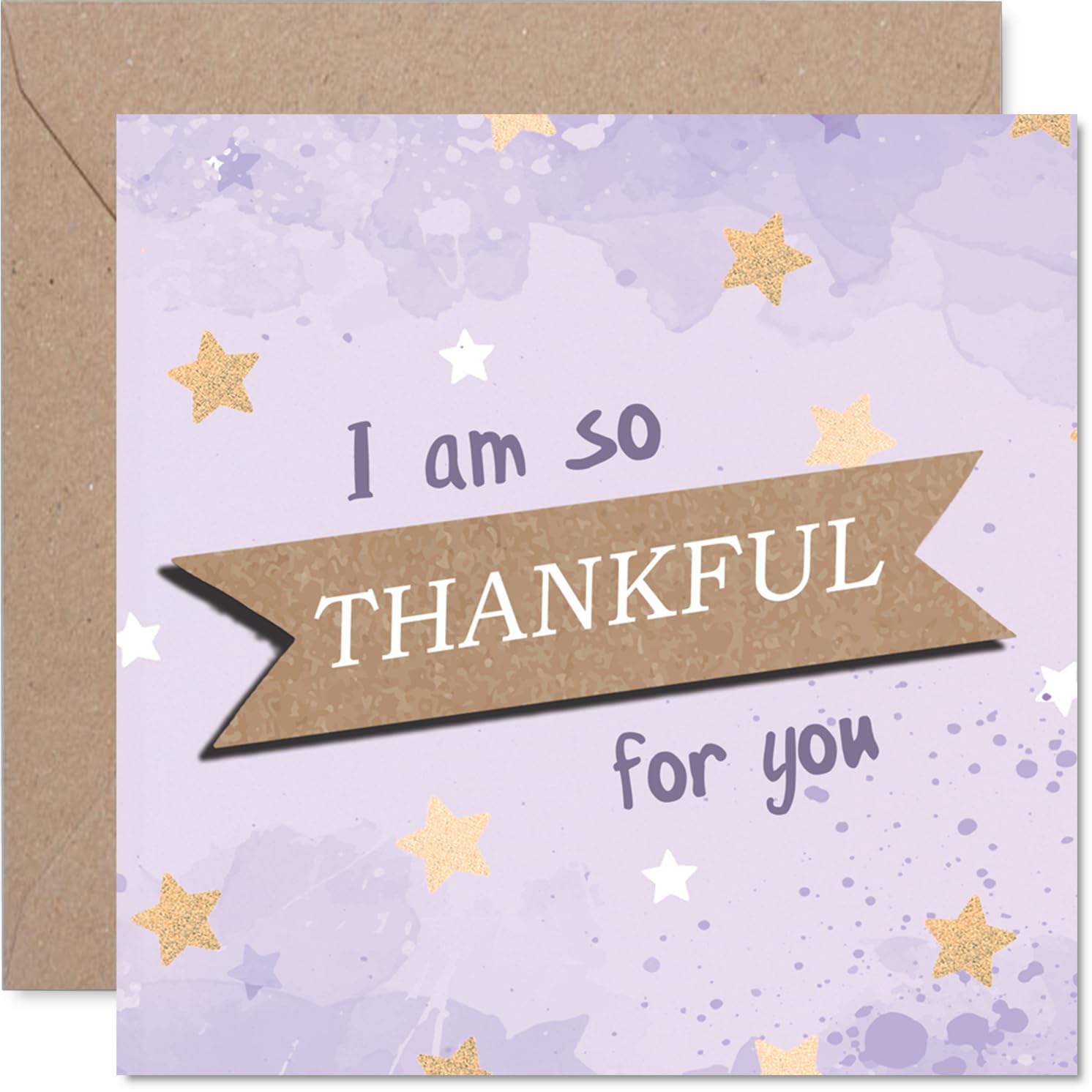 Thankful Thank You Card - Radiating Gratitude - Purple and Gold Stars Design with 'I Am so THANKFUL for You' Message - 145mm Square, Envelope Included