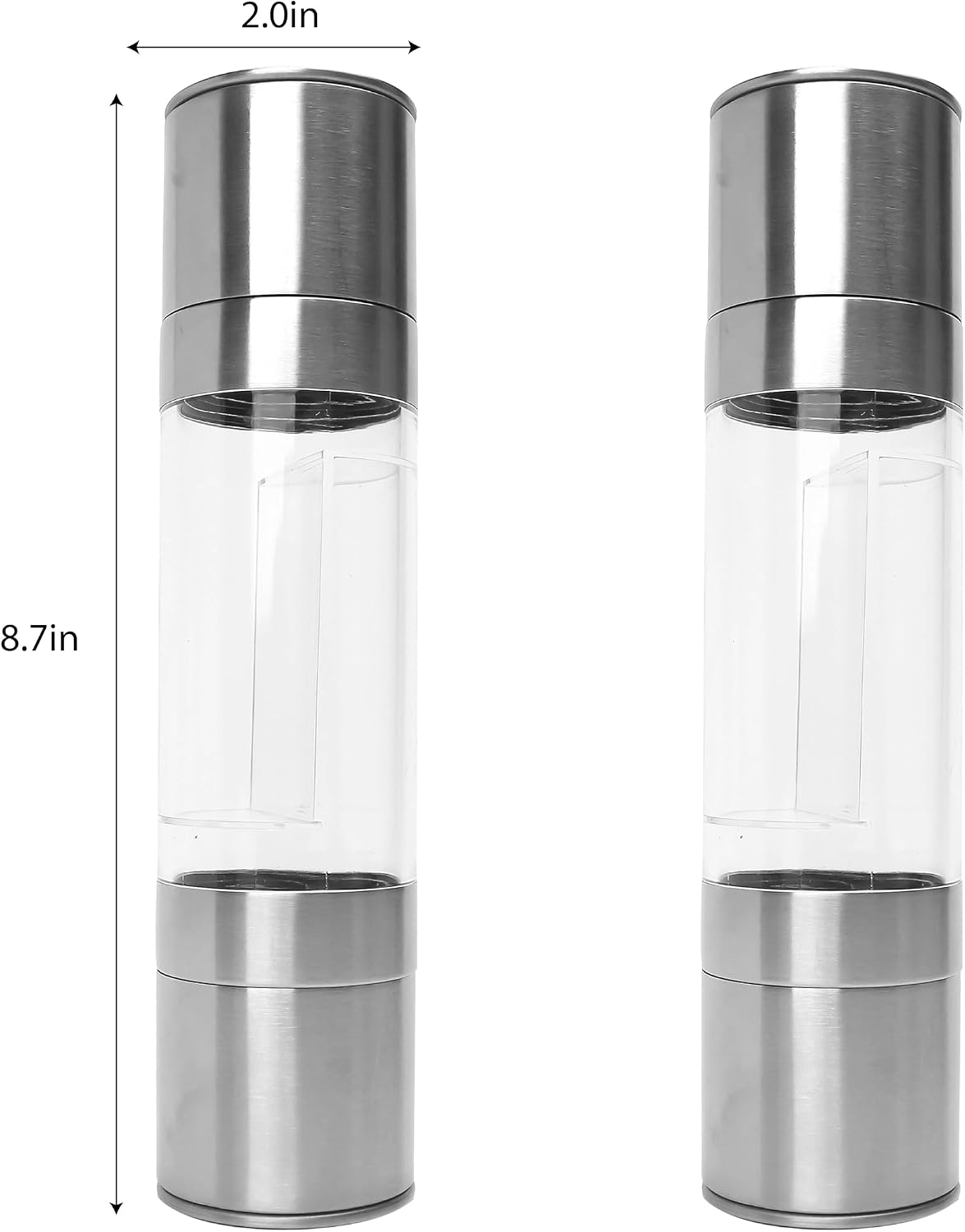 2PCS 2 in 1 Salt and Pepper Grinder Adjustable Coarseness Stainless Steel Mill for Kitchen, Outdoor Barbecue Dual Rotor Combo, Manual Herb Spice Shaker, Refillable Clear Acrylic Chamber All-in-One