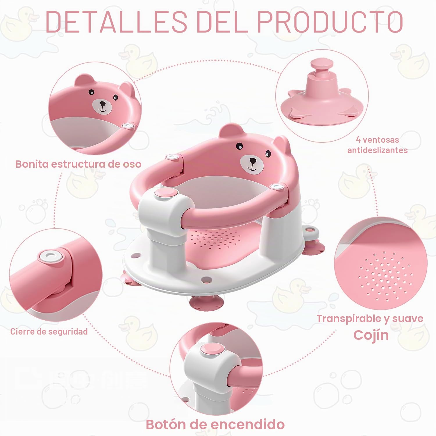 Asiento de Bañera para Bebé a Partir de 6 Meses, Asiento de Baño Antideslizante con 4 Ventosas y Cojín para Recién Nacidos, Silla Bañera Bebe Portátil Segura para la Ducha o la Bañera, Rosa