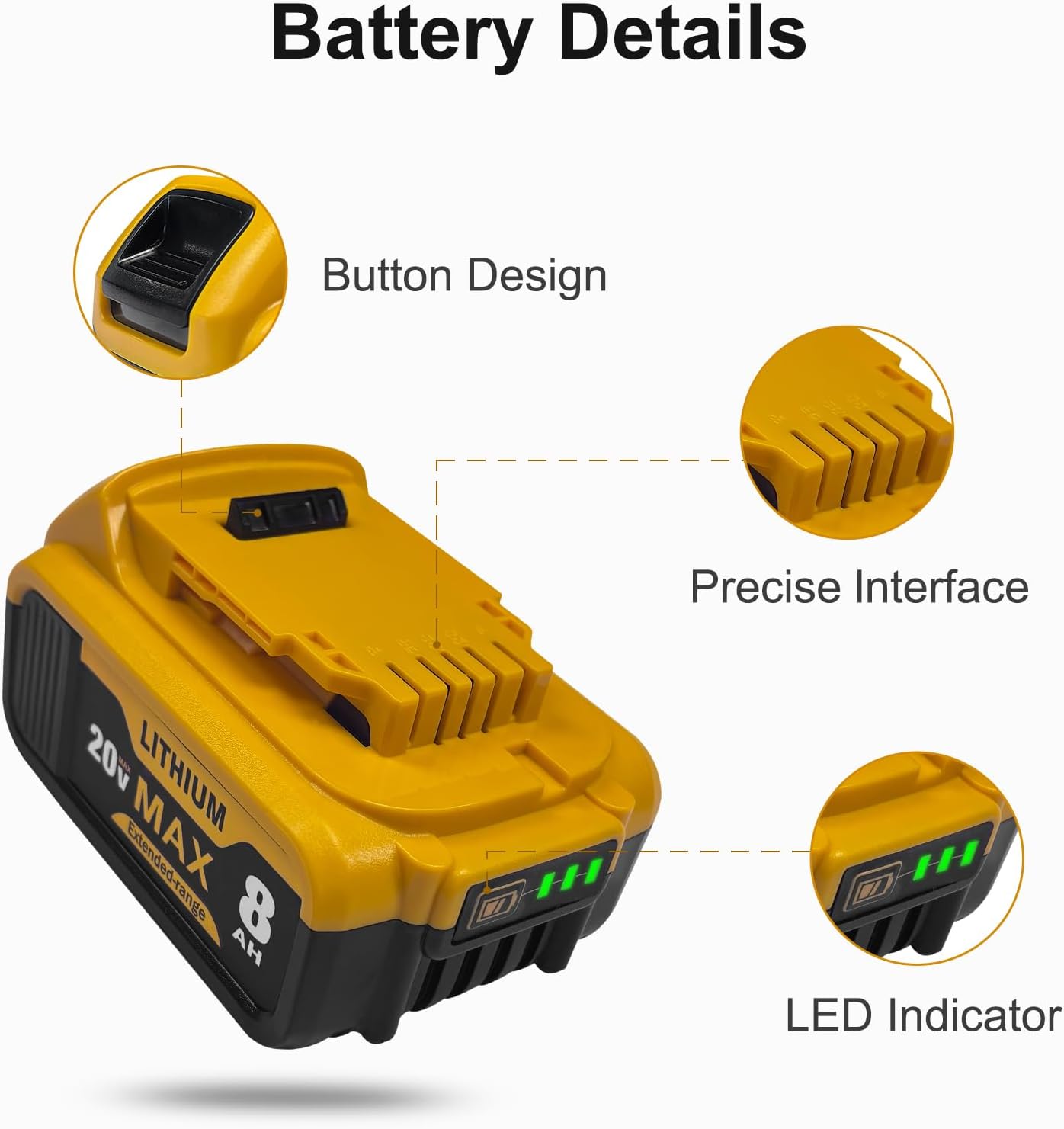 8.0Ah 20V MAX Lithium-Ion Battery 2-Pack, Compatible with DeWalt DCB200 DCB201 DCB206 Series Tools & Chargers | Long Runtime for Drills & Saws