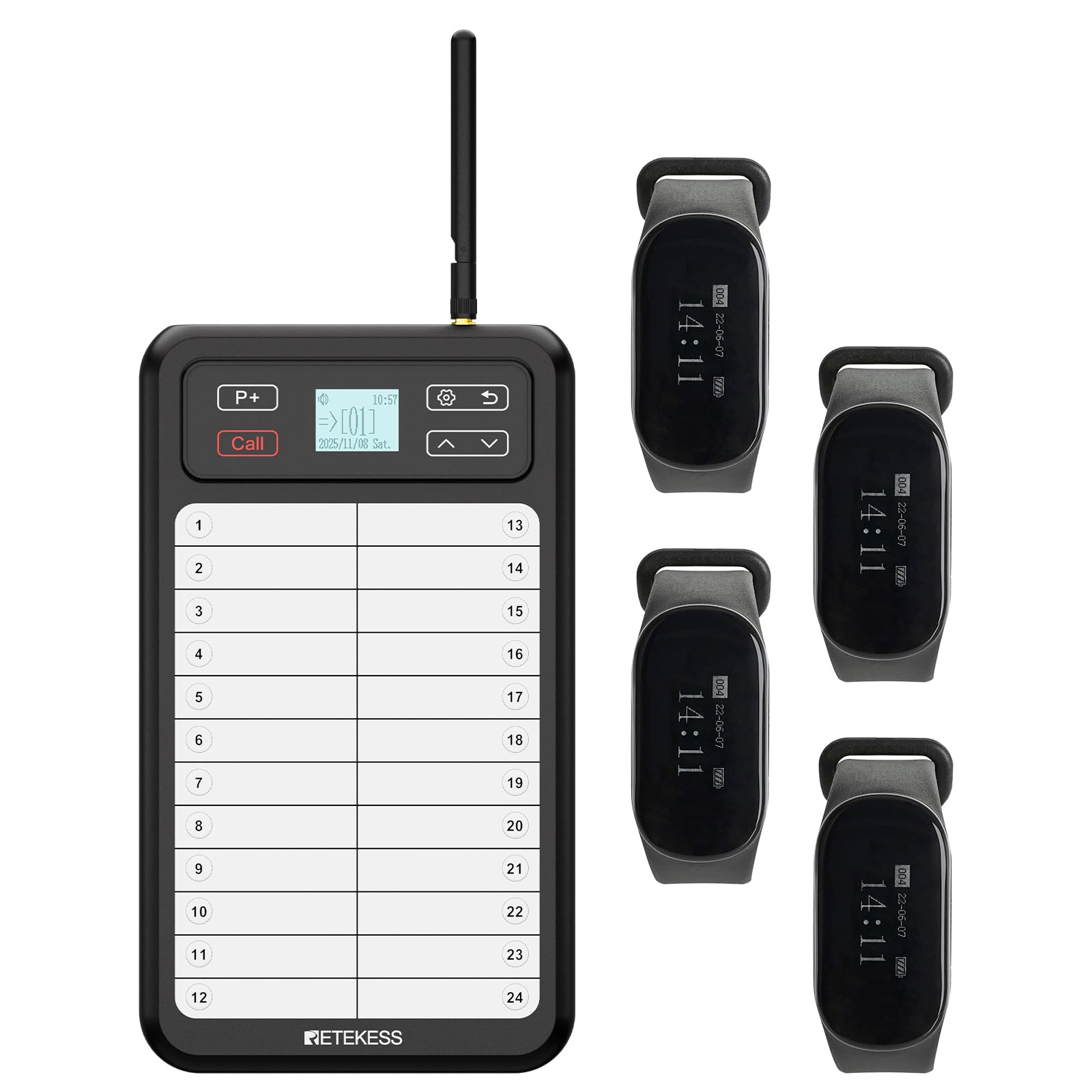 Retekess TD037 Cercapersone Ristorante, Sistema di Chiamata Camerieri con Cercapersone e Beep con Tastiera a 24 Tasti, 4 Ricevitori a Braccialetto per Ristoranti