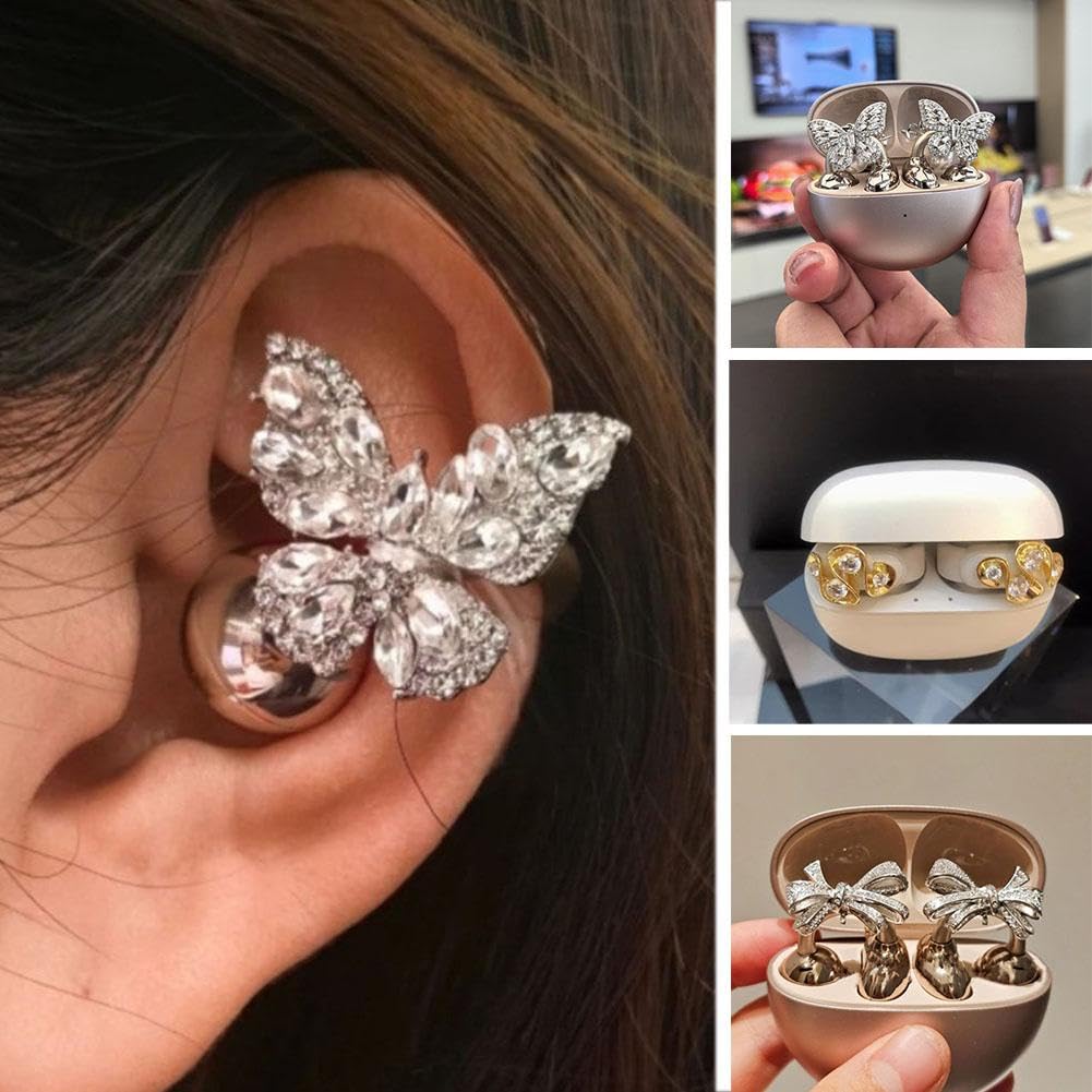 Auriculares de clip para joyería, auriculares inalámbricos Bluetooth, con lazo de mariposa y aret para mujer
