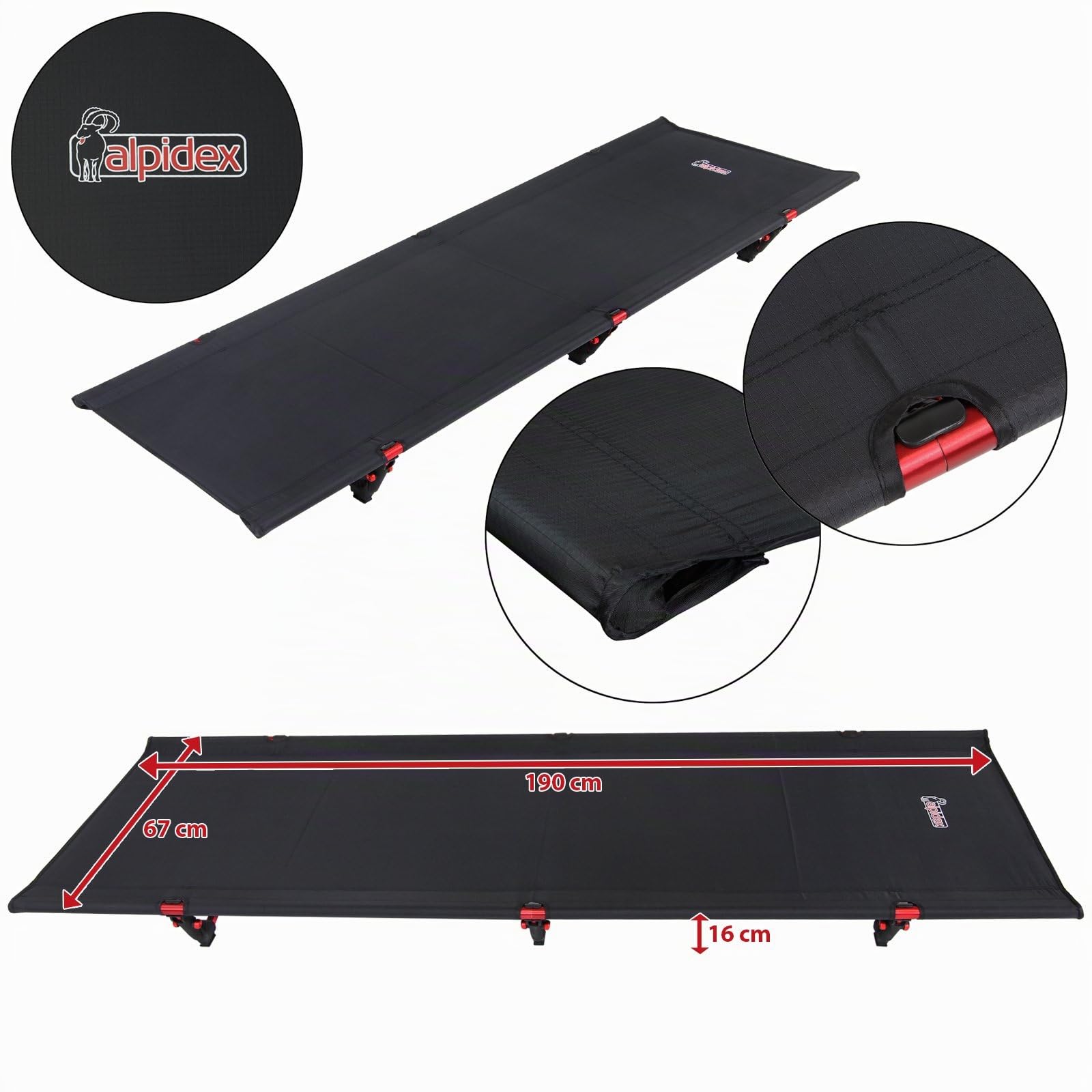 ALPIDEX Lit de Camping Ultra-léger, Charge Max. jusqu'à 120 kg, Seulement 1800 g, Sac de paquetage Inclus, Garde au Sol de 16 cm, Dimensions minimales de l'emballage