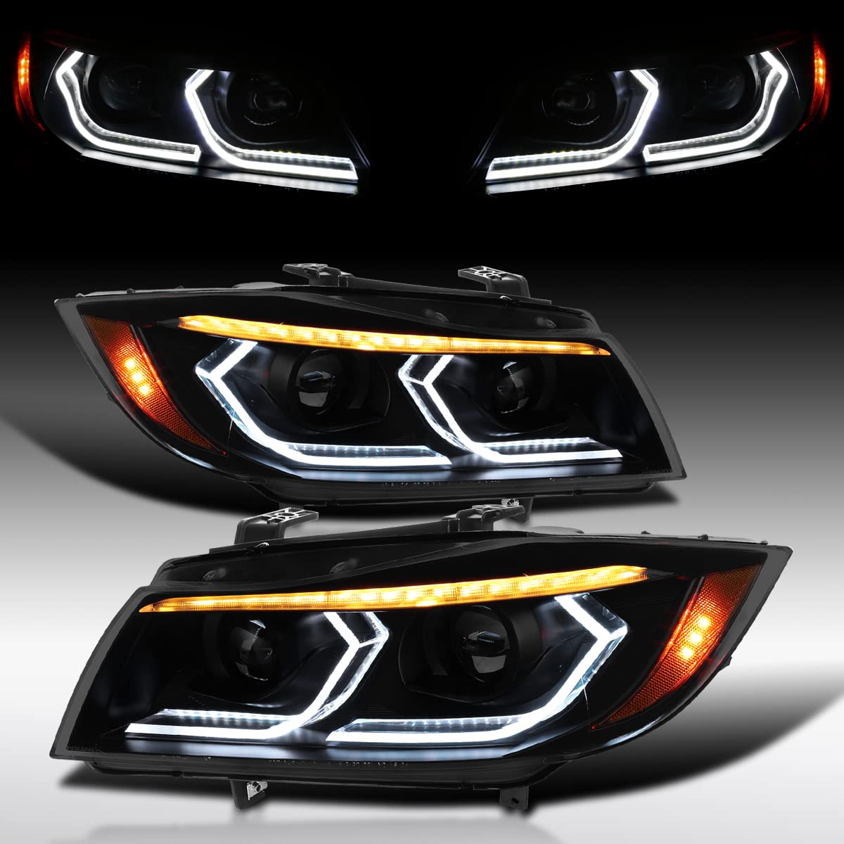 AUTOZENSATION Compatible with 2006-2011 BMW 3-Series E90 Sedan/E91 Wagon, Left + Right Pair Headlamps Assembly, Black Smoke Dual Projector Headlights with 3D LED Tube and Dynamic Startup Effect