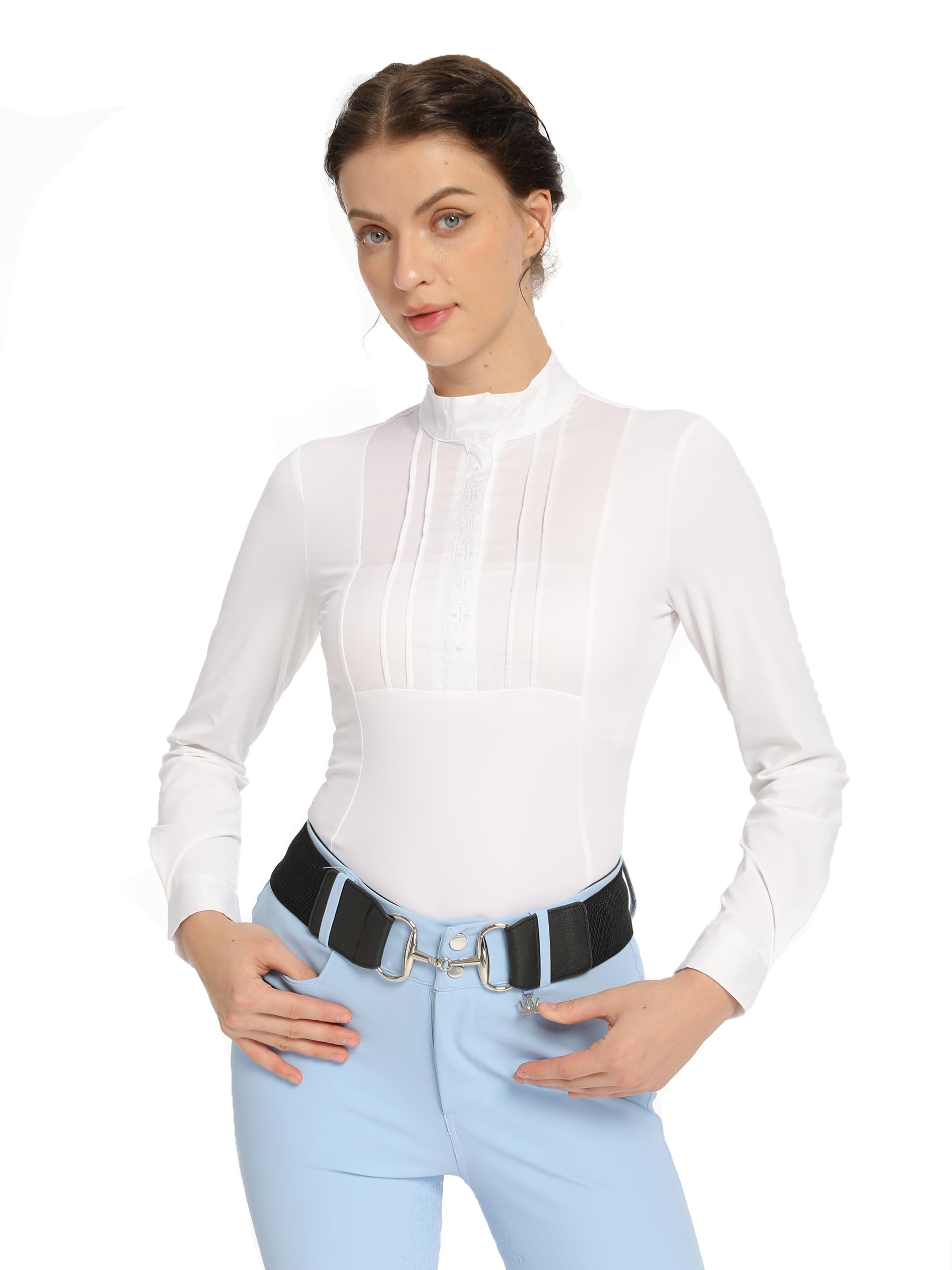 Harrison Howard Equestrian Pleated Bib Show Shirt Rider Top Horse Riding Long Sleeve with Embroidery
