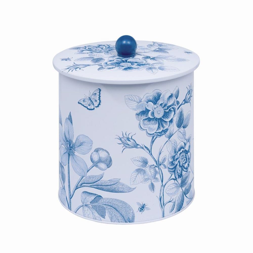 Elite tins Sanderson Etchings & Roses Blue and White Biscuit Barrel Tin 170 (d) x 173mm